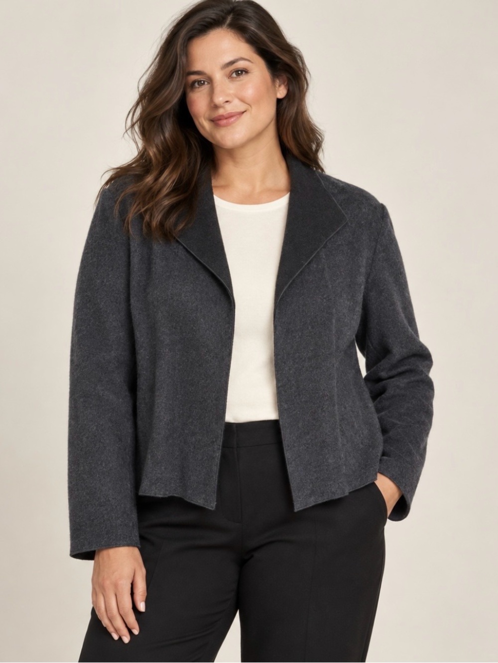 Harvé Benard Wool Blend Open Front Jacket Coat Charcoal Gray Women Size 16